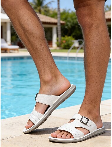  Herresandaler med justerbare stropper i imitert skinn – uformell strandferie, komfort ved bassengkanten, slip-on-design med polstret såle for optimal komfort