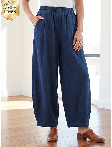  Damen Hose aus Baumwollleinen Chinos Sommerhose Lange Unterhosen Urlaub Streetwear Basic Volle Länge Mittlere Taillenlinie Einfach Tasche Elastischer Bund Komfort Bequem Unelastisch Täglich Outdoor