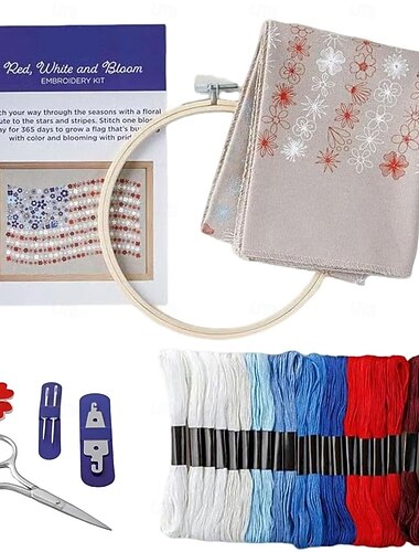  rosso, bianco &kit ricamo Bloom, kit punto croce per il 250° anniversario degli Stati Uniti, kit ricamo fiori, gamma completa di kit di ricamo per principianti adulti, regali per veterani &amante