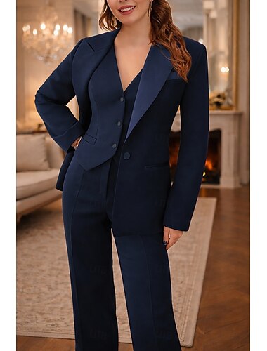  Dames 3-delige pakken Formeel Bruiloft gast Stretch crêpe Elegant Eenvoudig minimalistische Lange mouw Tot de enkel Piek revers Enkele rij knopen