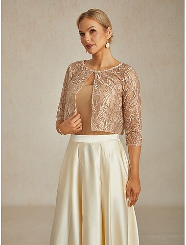  Dame Jakke Fest Blonde Blomstret Fritid / hverdag Elegant Normal Yttertøy 3/4 ermer Sommer Champagne S