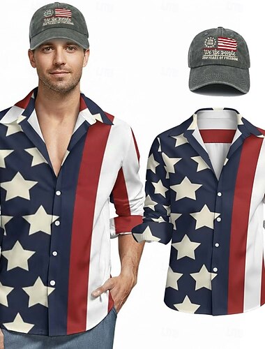  Amerikansk 250-årsjubileumssett med langermet skjorte og matchende hatt - USA-flagg, 50-årsjubileum, 4. juli, uavhengighetsdag, for menn og voksne