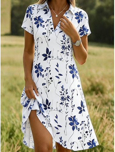  Damen Minikleid A Linie Kleid Urlaub Lässig Boho Täglich Strand Normale Passform Blumen Grafik Kurzarm Revers Blau Gelb Rote Purpur Sommer Frühling