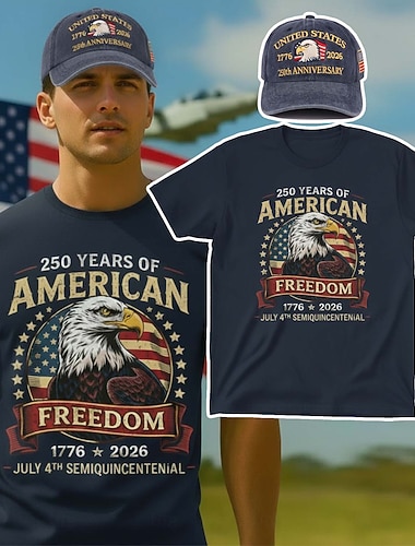  Amerikansk t-skjorte og baseballcapssett til 250-årsjubileum - t-skjorte med USA-flagg og ørngrafikk 1776-2026, patriotisk for menn og voksne til uavhengighetsdagen
