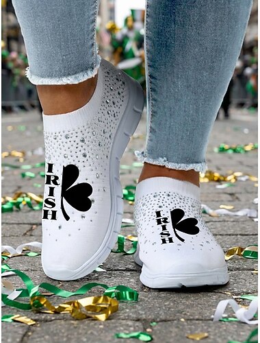  Dames Casual Dagelijks Wandelen Strass Platte hak Ronde Teen Sportief Casual Comfortabel Vliegende weven Leegloper zwart / wit ホワイトとグリーン Groen