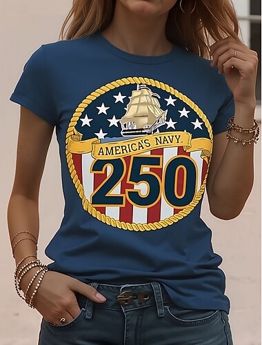  Maglietta patriottica da donna per il Giorno dell'Indipendenza con stampa grafica della bandiera americana vintage elegante classica maniche corte collo rotondo regolare top quotidiani weekend blu