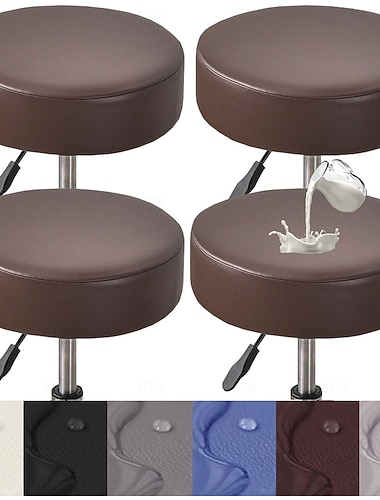  4-teiliges Set dehnbarer, wasserdichter Barhockerbezüge aus PU-Leder, runder Barhockersitzbezug mit Gummibändern