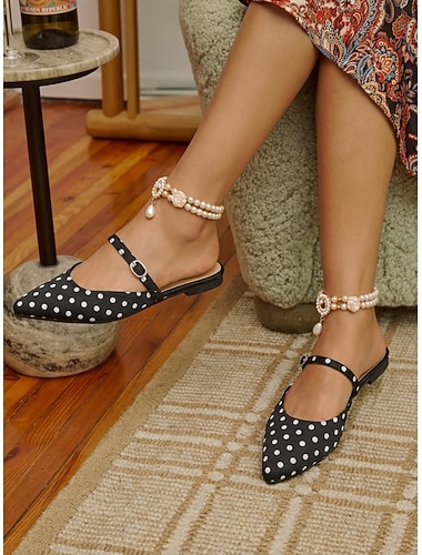  Mules noires à pois pour femme, bout pointu - élégantes sandales plates à bride réglable, parfaites pour les dîners de vacances et le quotidien. &style rétro chic