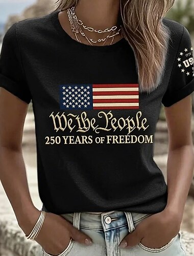  Koszulka patriotyczna dla kobiet z okazji Dnia Niepodległości Amerykańska rocznica nadruk graficzny litera flaga amerykańska elegancka klasyczna casual krótki rękaw okrągły dekolt regularne bluzki