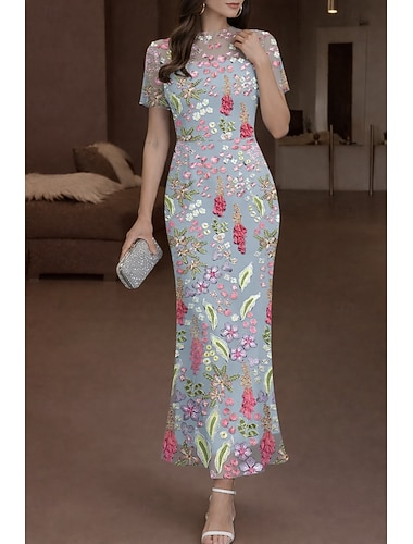  Meerjungfrauenschnitt Knöchellänge Cocktailkleider Elegant Vintage Blumen Kurzarm Rundhalsausschnitt Hochzeit Formell Spitze mit Gestickte Blume 3D-Blumen Applikationen