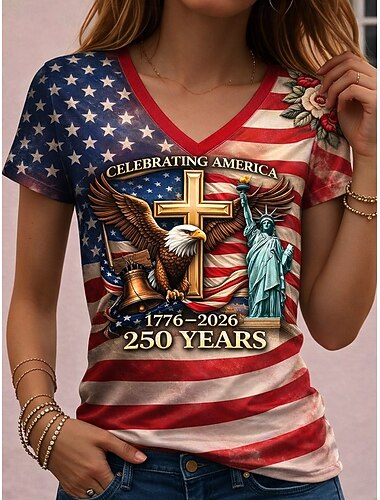  Onafhankelijkheidsdag Amerikaans Verjaardag Patriottische Dames T-shirt Print Grafisch Vlag Amerikaanse Vlag Vintage Stijlvol Klassiek Korte Mouwen V-hals Regulieren Tops Dagelijks Rood Zomer Lente