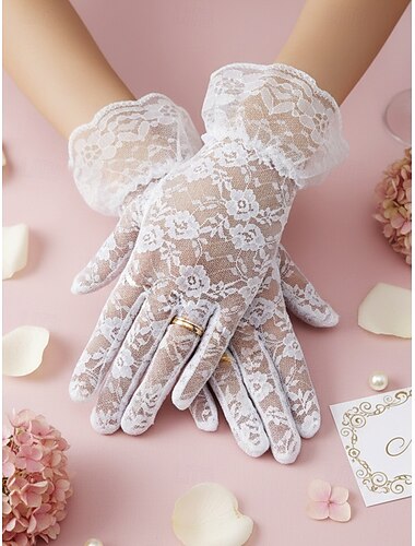  Damehansker i polyester med blonder, elegant blomsterdesign, myk og lett passform, klassisk vintagestil i flere farger, bryllupshansker for kveldsfester, skoleball og formelle arrangementer