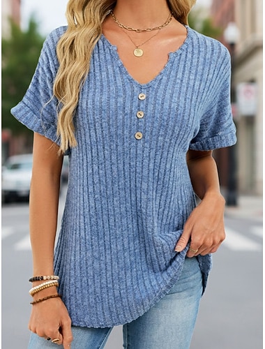  Dámské Tričko Trička Pevná barva Elegantní Vinobraní Módní Krátký rukáv Do V Běžné topy Denní Sport Víkend Vodní modrá Fialová Khaki Léto Jaro Podzim