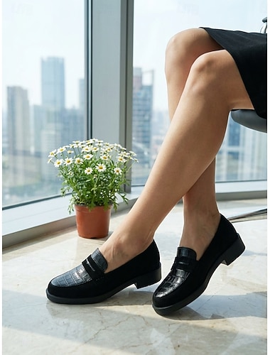  mocassini penny neri da donna - eleganti ballerine patchwork con stampa coccodrillo, punta tonda e tacco basso per lavoro d'ufficio, abbigliamento professionale quotidiano e riunioni di lavoro informali