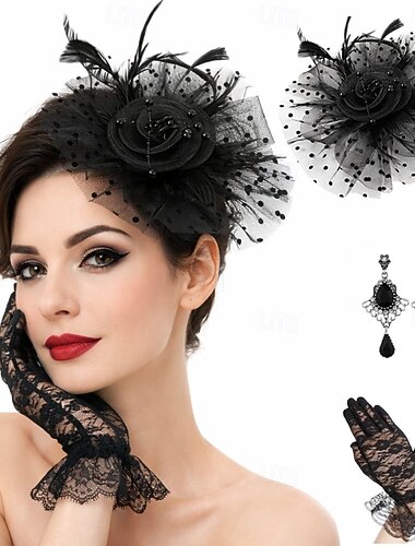  Set Handskar Fascinator Örhängen Gentledam Blommig Maskeradkläder Dam Maskerad Tebjudning Ascot Hästkapplöpningsfestival Vuxna Huvudbonad Handskar Örhängen Alla årstider