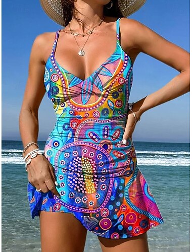  Dames Zwemkleding Een stukje Rok Zwempak Elegant Vakantie Grafisch Geometrisch V-hals Mouwloos Badpakken
