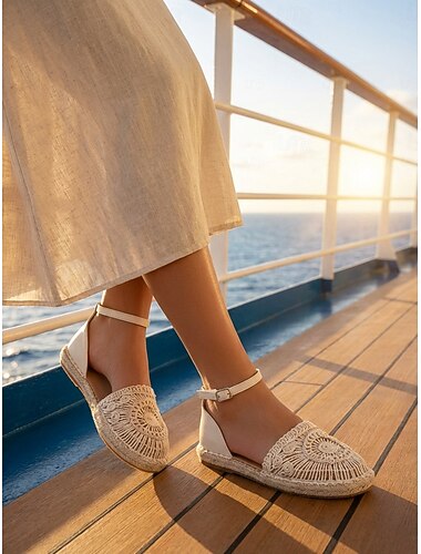  Women's White Lace Espadrille Flat Sandals – Boho Bridesmaid Shoes Chic Design for Island and Cruise Vacations
