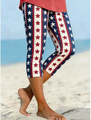  Onafhankelijkheidsdag Patriottische Vrouwen Leggings Vakantie Vintage Mode Capri Hoge Taille Broeken Grafische Vlag Print Comfort Zacht Ademend Rekbaar Casual Dagelijks Kantoor Wit  Rood Wit-Blauw