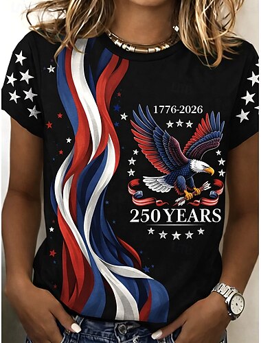  día de la independencia americana Mujer Camiseta Estampado Graphic Animal Día de la Independencia Vintage Elegante Clásico Manga Corta Cuello Barco Escote Redondo Tops regulares Diario Azul Piscina