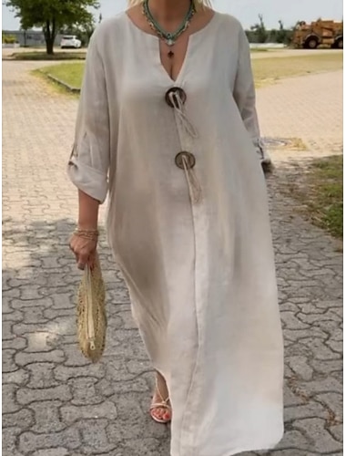  Per donna Abito Midi Finto cotone e lino Vestito Casual Elegante Moda Moderno All'aperto Vacanza Uscire Vestibilità regolare Semplice Manica Corta Scollo a V Verde acqua Nero Giallo Verde Estate