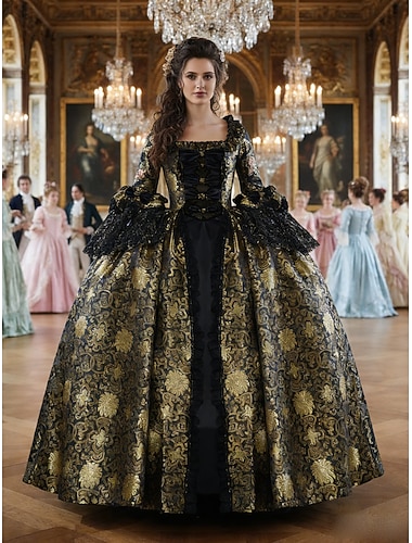  Rococo Victorienne Renaissance Longueur au sol Robe Costume de fête Bal Masqué Grande taille Normal Gigot / Ballon Manches Evasées Princesse Dentelle Toile Vintage Robe de bal Col carré Déguisement
