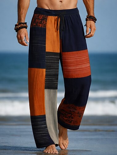  Homens Geométrica Bloco de cor Retalhos Calças Calças largas Calça casual Cintura Média Moda Casa Ao ar livre Férias Cintura elástica com cordão Calças de linho com bolsos Verão Primavera Impressão 3D