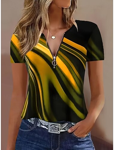  Damen T Shirt Farbblock Viertel Postleitzahl Grafik Geometrisch Tropisch Mode Hawaiianisch Kurzarm Rundhalsausschnitt Normale Oberteile Strandhochzeit Täglich Sport Gelb Rote Sommer Frühling