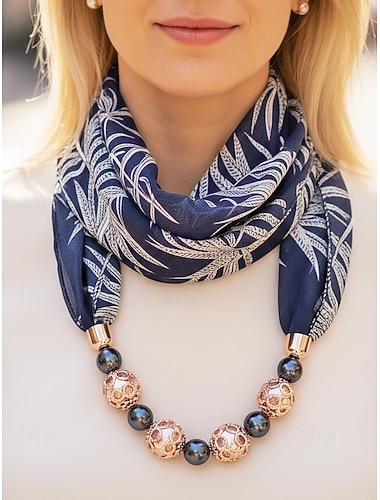  Dames bohemsk chiffonskjerfkjede, mykt polyester blomstertrykk uendelighetsskjerf med perleanheng, lett motetilbehør for kvinner, perfekt for hverdagsbruk, ferie, reiseklær