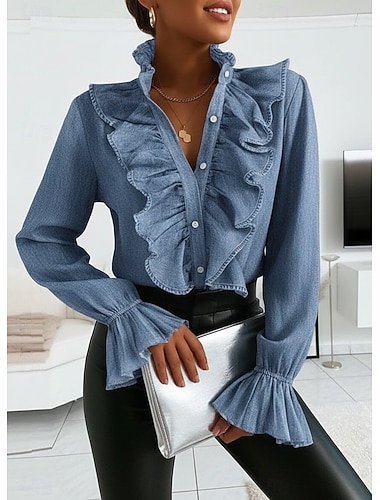  חולצה בגדי ריקוד נשים לבן ורוד מסמיק פול אחיד קפלים לַחְצָן רחוב יומי אופנתי צווארון עומד(סיני) רגיל S