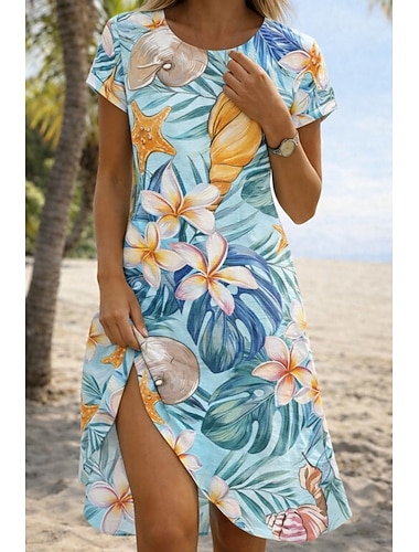  نسائي فستان قصير فستان خفيف فستان تيشيرت فستان شكل حرف A العطلة كاجوال الأماكن المفتوحة شاطئ مناسب للخارج فضفاض صالح ورد الرسم كم قصير كرونيك ورق أبيض وأخضر ابيض ازرق الصيف الربيع