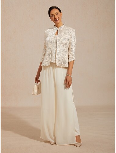  Mulheres Jaqueta Conjunto de gêmeos Paetês Floral Estampado Cashemere Elegante Manga 3/4 Colarinho Mandarim Festa de Noite Traje de festa para noite Traje formal Bege Verão Primavera Outono