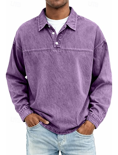  Herren Jeanshemd Baumwoll-Poloshirt Lässig Urlaub Klassisch Langarm Mode Basic Einfarbig Einfach Vintage-Stil Gewaschen Frühling Winter Frühling & Herbst Normale Passform Schwarz Hellgrün Rosa