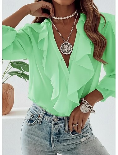  Mulheres Camisa Social Frufru Botões Tecido senhoras Manga Longa Manga lanterna Colarinho de Camisa Tops regulares Diário Trabalho Verde Verde Bege Rosa cor de Rosa Verão Primavera