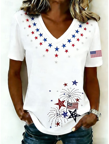  Amerikaanse onafhankelijkheidsdag Dames T-shirt Afdrukken Grafisch Vlag Vintage Stijlvol Klassiek Korte mouw V-hals Lange tops Dagelijks blauw Zwart Wit Zomer Lente