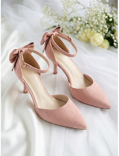  Rosa d'Orsay pumps i semsket skinn til dame – elegante spisse kitten heels med sløyfe bak &ankelstropp for bybryllup, brudepiker &formelle hagefester