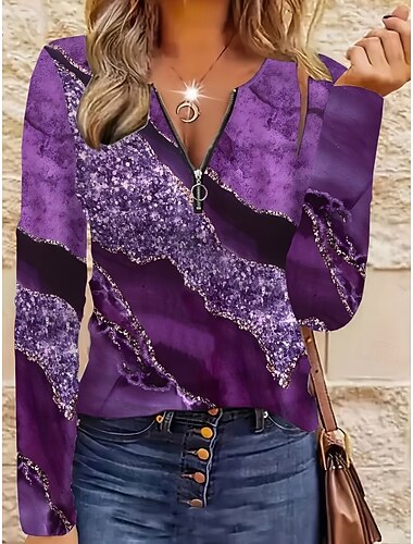  Per donna Maglietta Cerniera Stampato Grafico Geometrico Astratto Vintage Moda Elegante Manica Lunga Girocollo Top Regolari Quotidiano Blu Rosa Viola Primavera Autunno