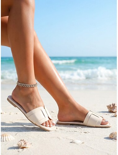  صنادل نسائية بنية مسطحة - صنادل مريحة مصنوعة من الجلد الصناعي النباتي، مثالية لعطلات الشاطئ والإجازات الصيفية. &ملابس المنتجعات الاستوائية