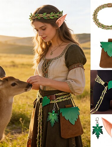  Medeltida kostymer Renässans Finkostym Tillbehör Alf Fe Alven Maskeradkläder Dam fantasi Halloween Karnival Prestanda LARP Ren Faire Vuxna Huvudbonad Skärp Väska