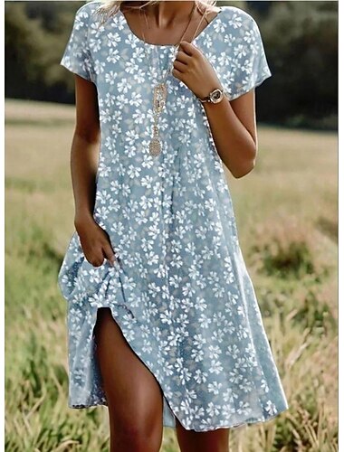  Mulheres Minivestido Vestidos Para o Verão Vestido T shirt Vestido A Line Férias Casual Ao ar livre Praia Para Noite Ajuste Largo Floral Gráfico Manga Curta Crewneck Azul Branco Padrão Azul e Branco