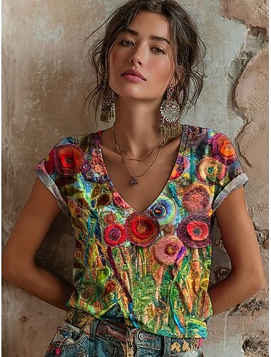  Dámské Tričko Tisk Květinový Grafika Graffiti Čechy Vinobraní Na běžné nošení Krátký rukáv Do V Běžné topy Denní Vodní modrá Nebeská modř Fialová Oranžová Hnědá Léto Jaro