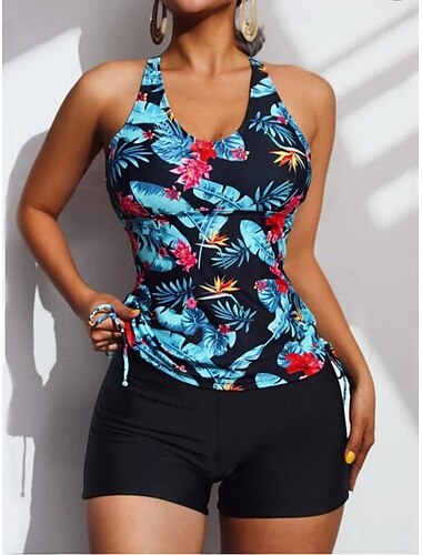  Dames Zwemkleding Tankini 2 stuks Korte broek Zwempak Buikcontrole Hoge taille Slank Blote rug Vakantie Strand Kleding Bloemig Tropisch U-hals Mouwloos Badpakken
