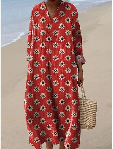 Per donna Abito Midi Vestito Estivo Abito a Tubino Vacanza Casual Spiaggia Uscire Vestibilità comoda Grafico Geometrico Astratto Manica Lunga Scollo a V Blu Bianco e blu Rosso Estate Primavera
