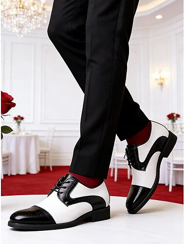  Herresko i svart og hvitt i kunstskinn, elegante brudesko til brudgommen og bryllupsfølget