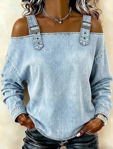  Dames Blouse Blote rug Effen Kleur Elegant Vakantie Vintage Lange mouw Schouderafhangend Normale tops Dagelijks Buiten Streetwear blauw Licht Blauw Donker kaki stof Zwart Donkerblauw Zomer Lente