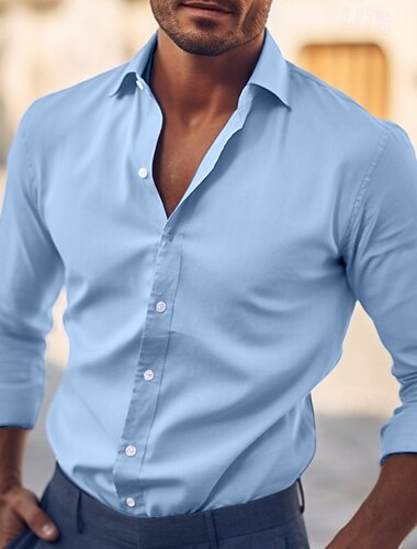  בגדי ריקוד גברים חולצה שמלת שמלה אחיד משרד קריירה מסיבת החתונה כחול בהיר שחור לבן אודם שרוול ארוך דש קיץ ביגוד