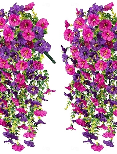  4 künstliche Hängeblumen in Form von Prunkwinden, UV-beständig, für den Außenbereich, geeignet für Veranda, Garten, Hochzeiten und als sommerliche Dekoration für drinnen und draußen.