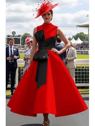  Robe de bal Longueur cheville Robes de Bal Robe de Soirée Tenue de soirée Élégant Années 1950 Bloc de Couleur Sans manches Col haut Bal de promo robe demoiselle d honneur Satin avec Noeud(s)