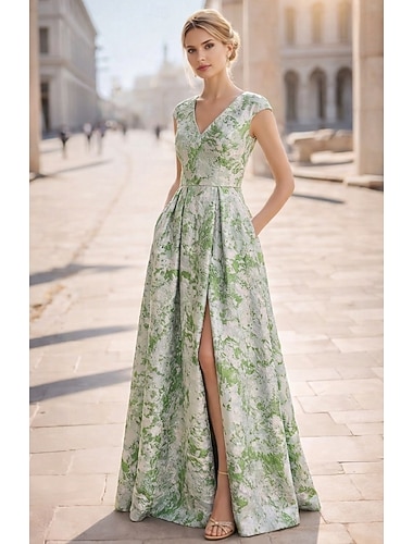  גזרת A עד הריצפה שמלות ערב אלגנטית וינטאג' פרחוני ללא שרוולים צווארון V מסיבת חצר חתונה כיס ג'אקרד עם הדפס פרחוני שסע כיס