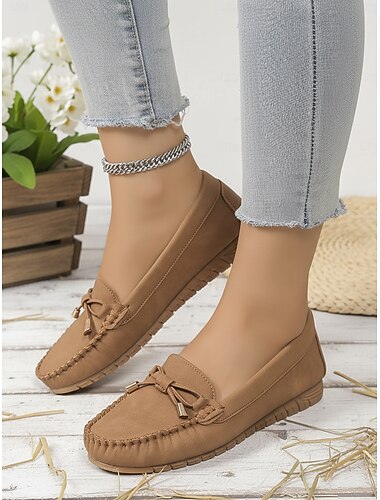 Dames Camel Moccasin Loafers met Strikdetail - Klassieke Casual Stijl Flexibele Comfortabele Flats voor Dagelijks Gebruik Autorijden Reizen en Weekend Outfits