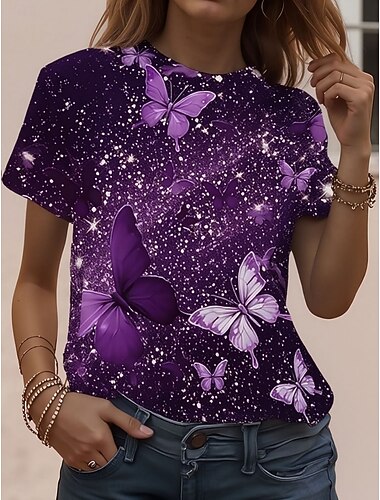  Dames T-shirt Afdrukken Grafisch dier Vintage Stijlvol Klassiek Korte mouw Strakke ronde hals Normale tops Dagelijks Weekend Wit Geel Paars Zomer Lente Herfst